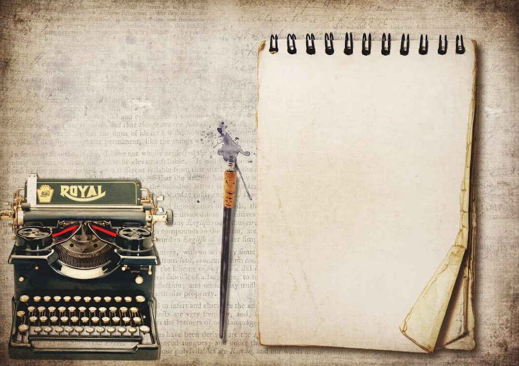 typewriter, writing pad, pen